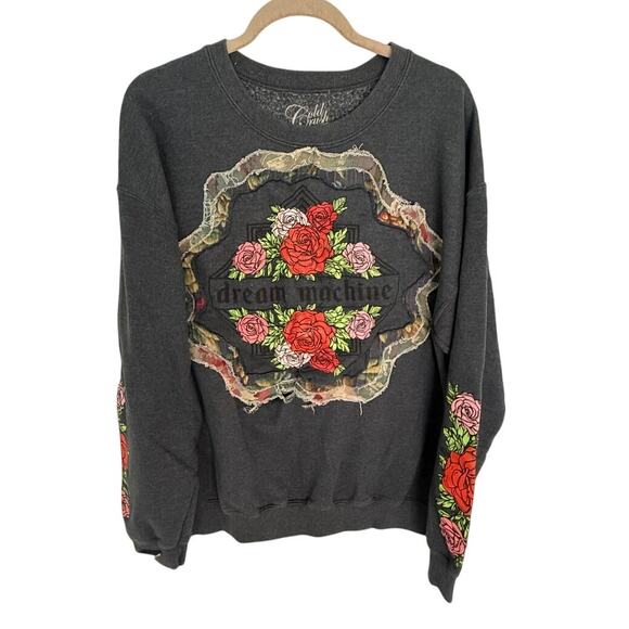 Cold Crush Dream Machine Floral Embroidered Sweatshirt Size L Roses Patchwork - Picture 1 of 7